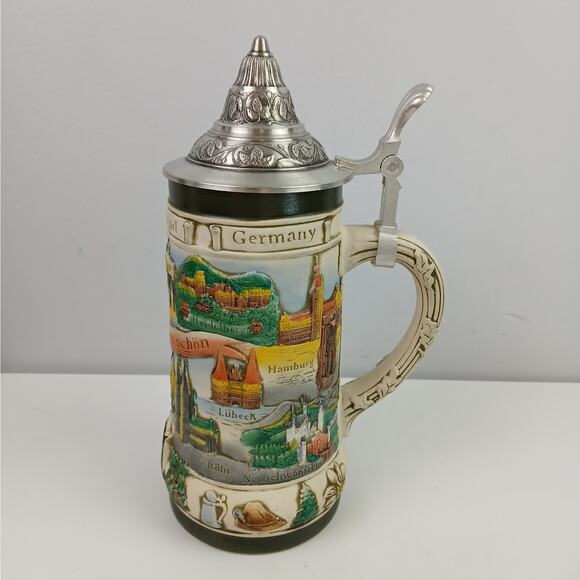 Vintage GERZ Germany Lidded Beer Stein – German Cityscape Relief – Pewter Lid - Picture 3 of 7